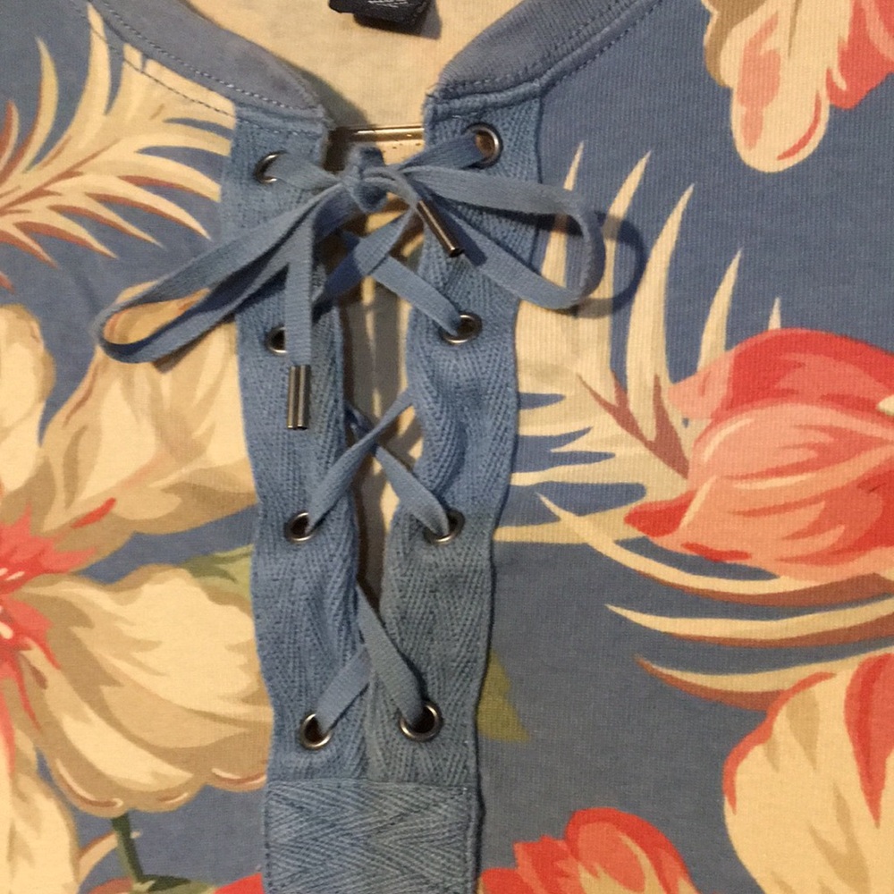 American Living Tropical Floral Blue Tee Shirt Dress Lace Up Front Short Sleeve - Picture 7 of 17